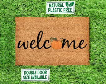 Welcome Pumpkin Halloween Doormat All Natural Eco Friendly Coir Rubber Mat PLASTIC FREE Funny Mat Halloween Fall Decor Housewarming Gift 217