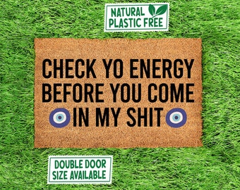 Check Yo Energy Doormat, All Natural Eco Friendly Coir Rubber Mat Boho Decor Blue Evil Eye Amulet Welcome Mat Housewarming Gift 146