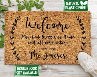 May God Bless Our Home Family Name Personalized Doormat Heart Welcome Mat All Natural Eco-Friendly Coir&Rubber Custom Mat Gift 71