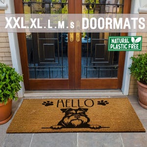 Hello Miniature Schnauzer Dog Doormat Natural Eco Friendly Coir Mat PLASTIC FREE Funny Welcome Cute Dog Peeking Mat  328