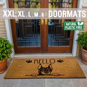 Hello Doberman Pinscher Dog Extra Large Doormat Natural Eco Coir Double Door Mat PLASTIC FREE Funny Welcome Cute Dog Peeking Mat 329