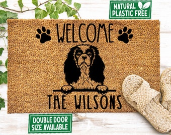 Welcome Cavalier King Charles Spaniel Family Name Doormat All Natural Eco Friendly Coir & Rubber Personalized Mat Housewarming Gift 363