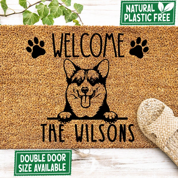 Welcome Pembroke Welsh Corgi Family Name Doormat All Natural Eco Friendly Coir & Rubber PLASTIC FREE Personalized Mat Housewarming Gift 357