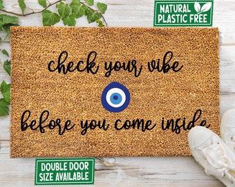 Check Your Energy Doormat, All Natural Eco Friendly Coir Rubber Mat Boho Decor Blue Evil Eye Amulet Welcome Mat Housewarming Gift 125