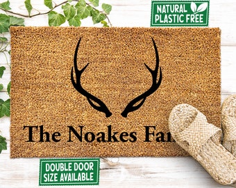 Family Name Antlers Personalized Doormat All Natural Eco Friendly Coir & Rubber PLASTIC FREE Custom Door Mat Housewarming Gift 278