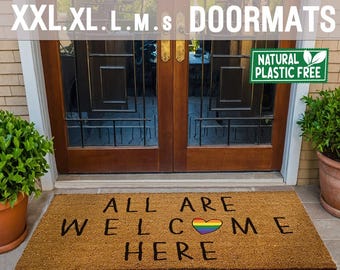 All are Welcome Here Extra Large Doormat Natural Eco-Friendly Coir Double Door Mat PLASTIC FREE Funny Welcome Pride LGBT Love Wins 155