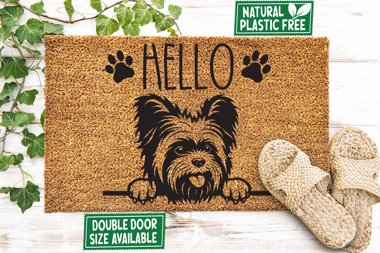 Hello Yorkshire Terrier Dog Doormat Natural Eco Friendly Coir Mat