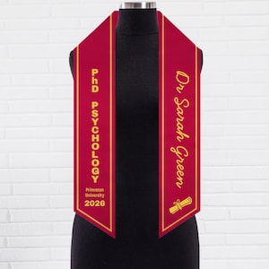 Personalized PhD Graduation Stole | Doctorate sash with Gold Trim, Custom Graduate Favors