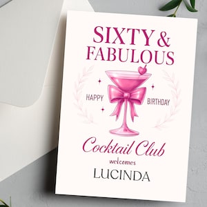 60th birthday card age 60 and fabulous sixtieth cocktail club birthday card for happy 60th birthday gift personalized pink 60th card Mom