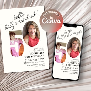 50th Birthday Photo Invitation: Minimalist Canva Template (Digital Download)