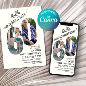 60th Birthday Invitation Printable Photo Invitation Canva Template Sixtieth Birthday Invitations Digital 60th Birthday Invitation For Men
