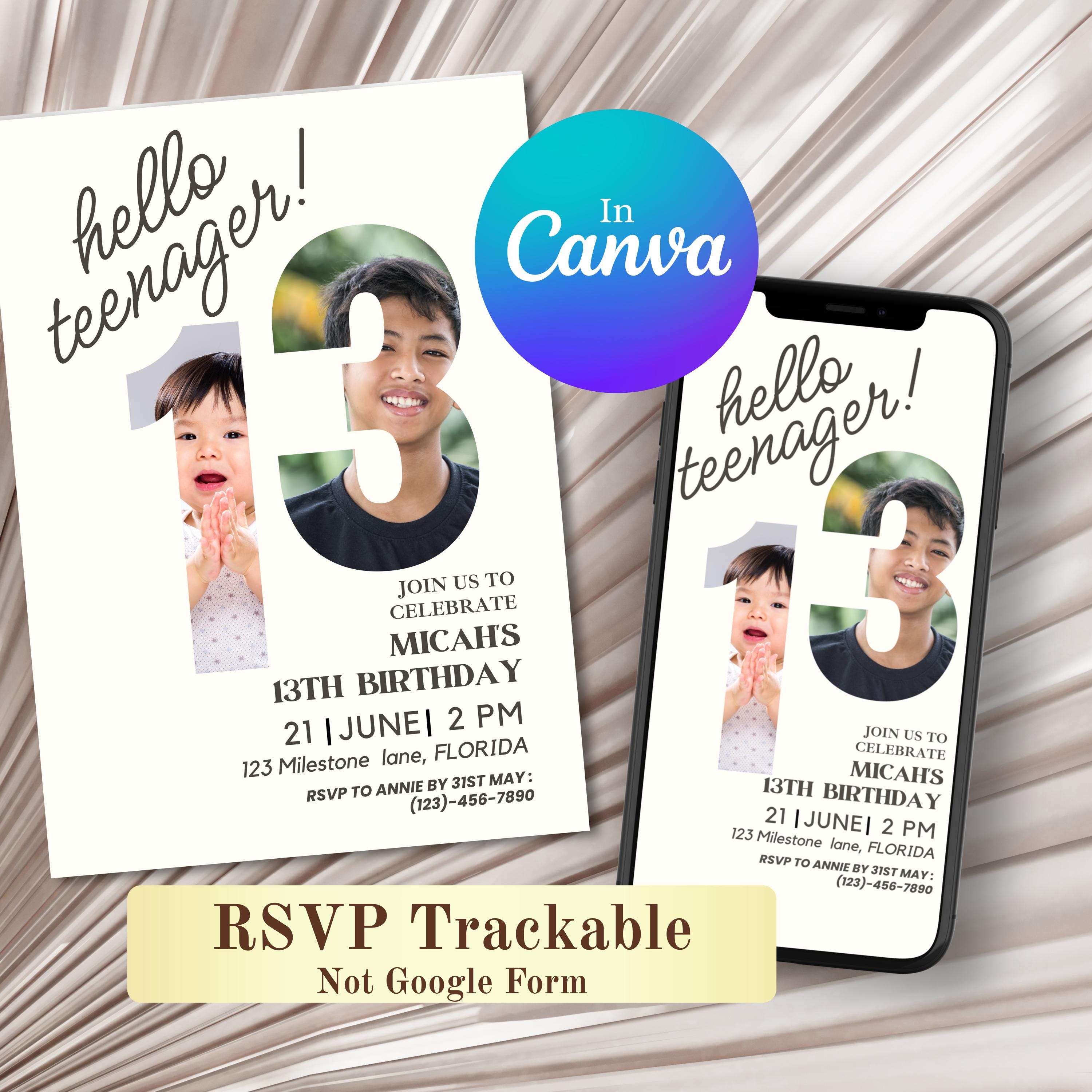 Minimalistische 13. Geburtstags-Fotoeinladung Canva Vorlage Dreizehnte Geburtstagseinladung Nummer Dreizehn Digital Download Einladung