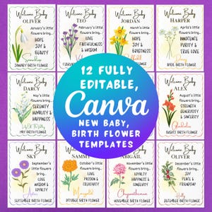 Canva Bearbeitbare neue Baby Geburtsblumenkarte Digital Download Karte für Neugeborene Sofortiger Download Druckbare Geburtsblumenkarte für neues Babygeschenk