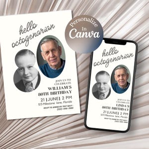 Minimalist 80th Birthday Photo Invitation: Canva Template (Digital Download)