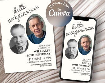 Minimalist 80th Birthday Photo Invitation: Canva Template (Digital Download)