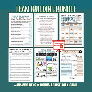Puede incluir: Un paquete de color turquesa de juegos y actividades de team building. Incluye hojas imprimibles para varios juegos como "¿Qué dijo el jefe?" y "Bingo", además de una encuesta y un juego "Team Talk". El paquete también incluye claves de respuestas.