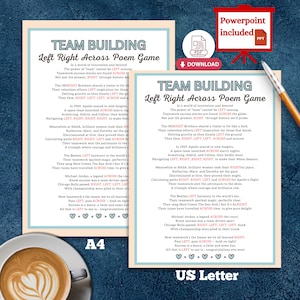 Op de afbeelding: Twee afdrukbare teambuilding-spelkaarten met een roze en blauwe achtergrond. De kaarten bevatten een gedicht over teamwork met de woorden "Left Right Across" in een groot lettertype. De kaarten zijn geformatteerd voor A4- en US Letter-papier.