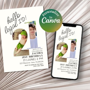 Convite com foto para aniversário de 21 anos Modelo Canva Convite para 21 anos Minimalista Download digital de convite para 21 anos Editável