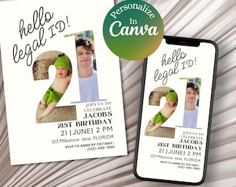 Plantilla de invitación con foto para 21 cumpleaños: Diseño minimalista de Canva (descarga digital)