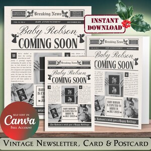 Modèle de Newsletter imprimable de révélation de grossesse, faire-part de bébé personnalisable en toile, téléchargement de journal de grossesse, carte de Noël de grossesse