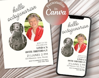 80th Birthday Invitation: Minimalist Photo Template (Digital Download)