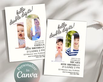 Minimalistische 10.Geburtstag Fotoeinladung Canva Vorlage Zehner Geburtstagseinladung Nummer Zehn Digitaler Download Einladung Zweistellig