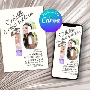 Sweet 16 Invitation Minimalist 16th Birthday Photo Invitation Canva Template Sixteenth Birthday Invitation Sweet Sixteen Digital Invitation