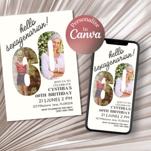 Convite fotográfico minimalista para 60º aniversário Canva Template Convite para sexagésimo aniversário Sixty Digital Download Convite Idade 60 Editável