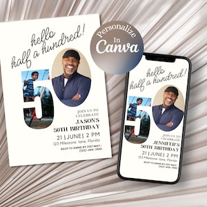 Minimalist 50th Birthday Photo Invitation: Editable Canva Template (Digital Download)
