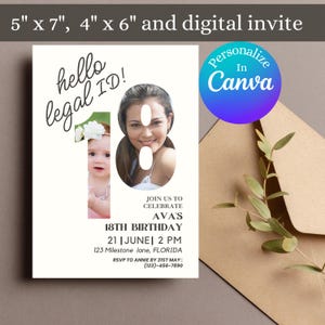 Minimalist 18th Birthday Photo Invitation Canva Template Eighteenth Birthday Invitation 18th Digital Download Invitation Age 18 Editable