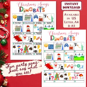 Cuestionario navideño imprimible Juego de dingbats con canciones navideñas Juegos divertidos para las fiestas Cuestionario de fiesta navideña imprimible Juegos navideños familiares Actividad navideña