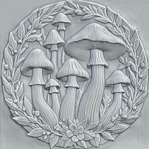 Könnte beinhalten: Eine kreisförmige Reliefskulptur einer Gruppe von Pilzen mit einem Blattwerkrand. Die Pilze sind in einem realistischen Stil mit detaillierten Texturen und Formen dargestellt. Die Skulptur ist aus hellem grauen Material gefertigt und hat eine glatte, polierte Oberfläche.