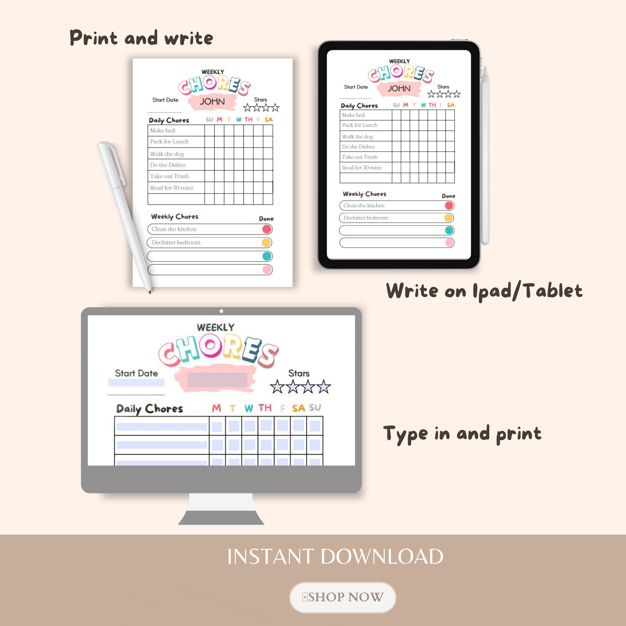 Kids Chore Responsibility Chart PDF, Chore Chart Daily & Weekly, Kids ...
