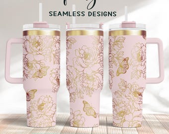 May include: Three pink tumblers with gold floral and butterfly designs. Each tumbler has a handle, a lid, and a straw. The text "peony SEAMLESS DESIGNS" and "40oz SVG Laser Full Wrap File" are visible.
