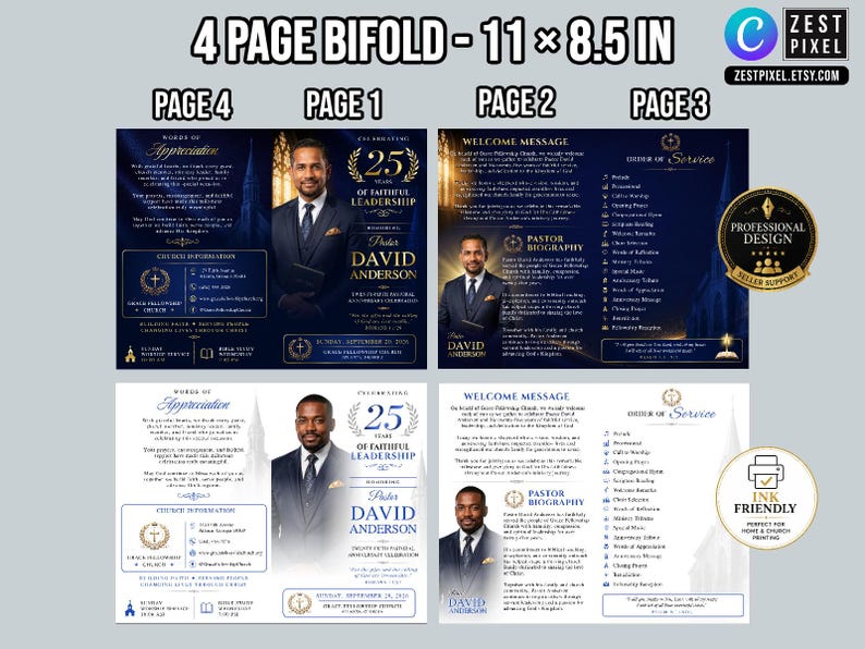 Sophisticated Sunday worship flyer and pastor appreciation template with premium navy and gold styling.