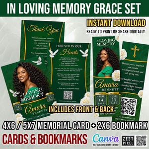 May include: A memorial card and bookmark set with a green and gold design. The set includes a photo of a woman, the name "Amara Bennett", and dates. The text includes "In Loving Memory" and "Forever in Our Hearts".