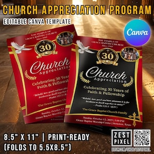 Church Appreciation Program Template | 4 Page 8.5x11 Canva Program | Editable Church Anniversary, Faith & Fellowship Brochure
