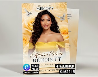 Elegant Gold Funeral Program Template, Celebration of Life Bifold Booklet (8.5x11), Digital Download