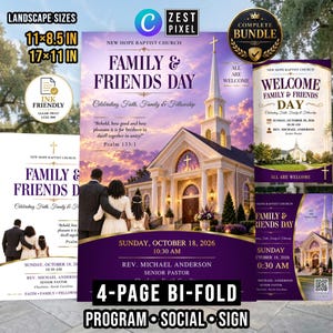 May include: A digital flyer bundle for New Hope Baptist Church Family & Friends Day featuring a church building at sunset, purple and white color schemes, and text including dates, times, and Psalm 133:1. Includes 11x8.5 inch and 17x11 inch landscape sizes.
