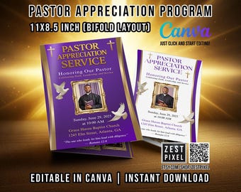 Pastor Appreciation Program Template, Editable Canva Church Brochure, Bifold Worship Program 11x8.5