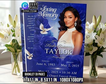 Blue Funeral Program Template Canva Editable Memorial Booklet Celebration of Life 8 Page