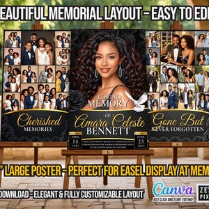 Editable funeral poster collage with 30-photo memorial board in black and gold