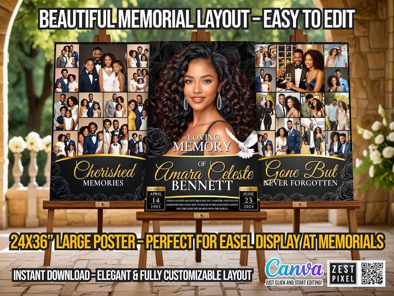 Editable funeral poster collage with 30-photo memorial board in black and gold