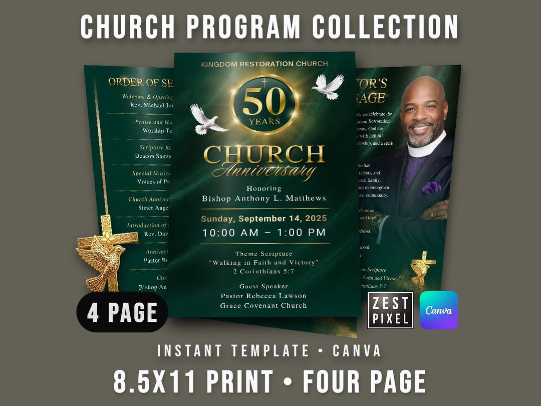 Church Service Program Template (editable With Canva), Anniversary ...