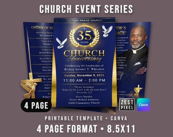 Elegant Anniversary Service Program (Editable Canva), Church Bulletin Template, Worship Event 4 Page 8.5x11