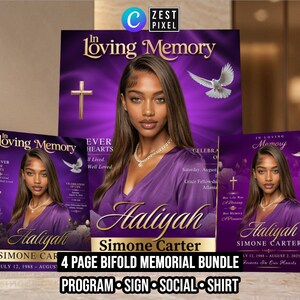 Sjabloon Celebration of Life-programma canva, herdenkingsbundel met bord en shirt