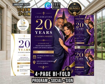 Pastor Anniversary Program Bundle, Royal Purple Gold Church Bifold, Editable Canva Template