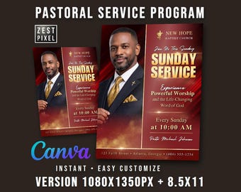 Sunday Worship Church Flyer Template, Editable Canva Church Program, Service Bulletin Design
