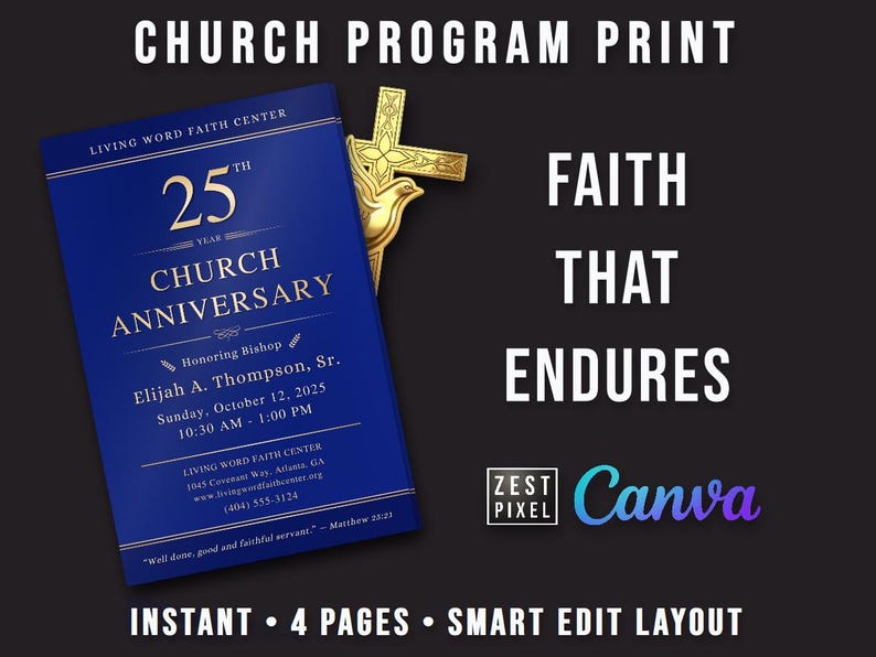 Church Anniversary Template | Editable Worship Bulletin Canva | 4 Page ...
