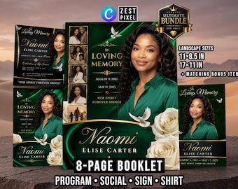 Green Memorial Program Template, 8 Page Funeral Booklet Bundle, Editable Canva Download